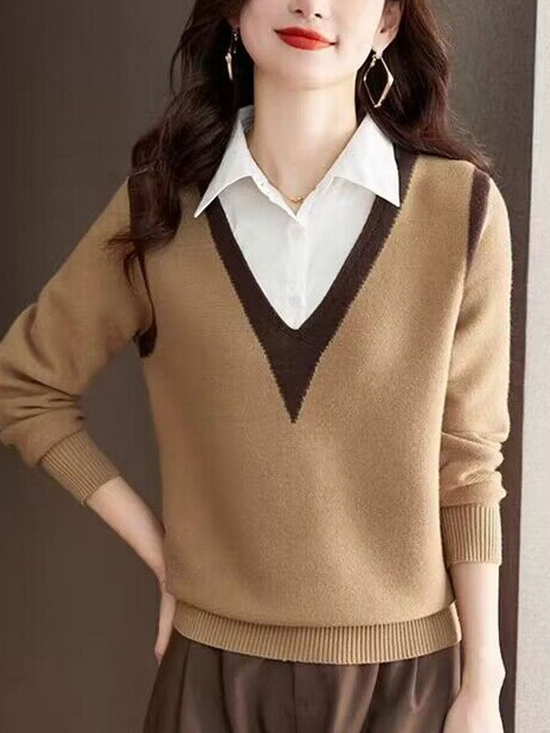 Ava Casual Contrast Color Shirt Collar Knitted Sweater