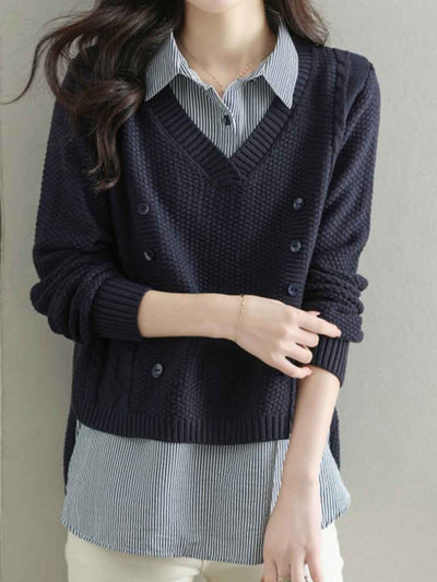 Jocelyn Loose Mock Two-Piece Striped Knitted Top