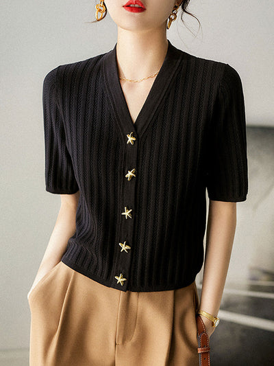 Jessica V-Neck Vertical Striped Knitted Cardigan