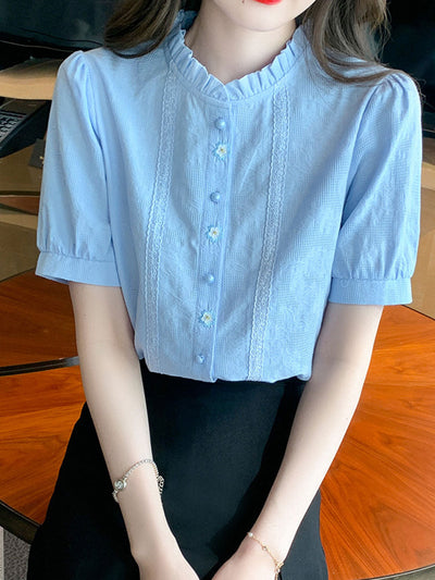 Lauren Retro Embroidered Jacquard Shirt-Blue