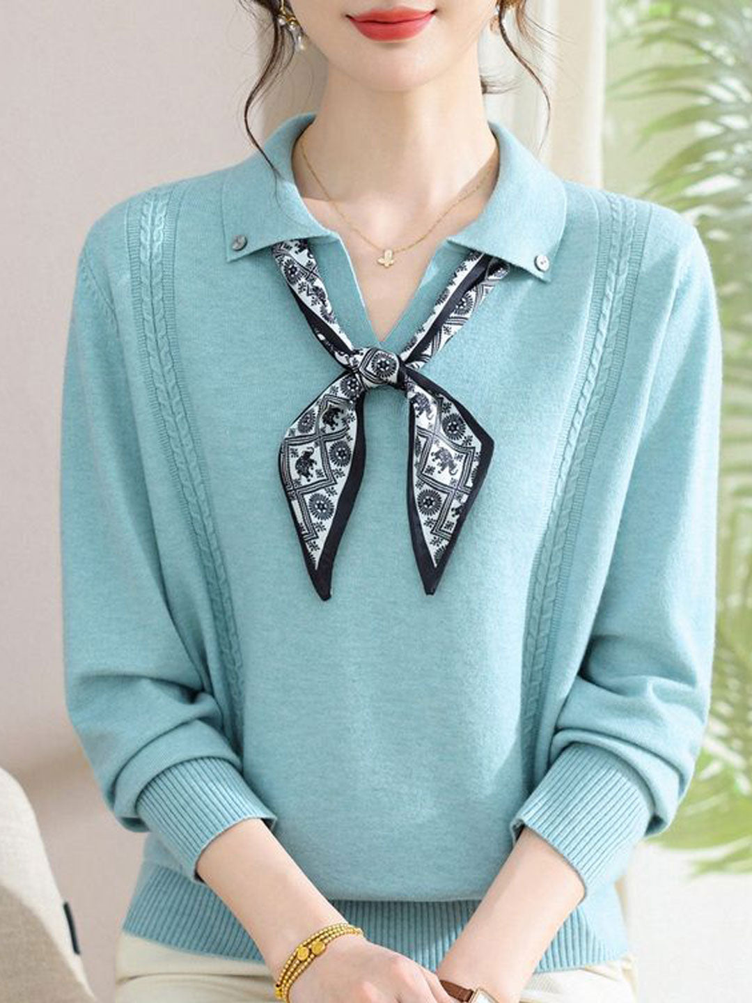 Grace Loose Lapel Scarf Pullover Knitted Top