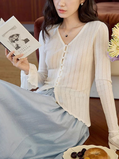 Zoe Slim V-Neck Flare Sleeve Pearl Hollowed Knitted Cardigan