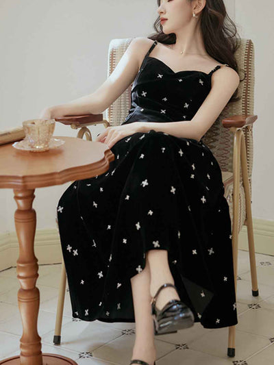 Kayla Retro Velvet Embroidered Slip Dress Two-Piece Set