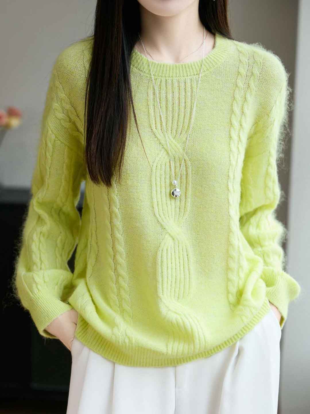 Ariana Casual Crew Neck Cable Knitted Pullover Sweater-Blue