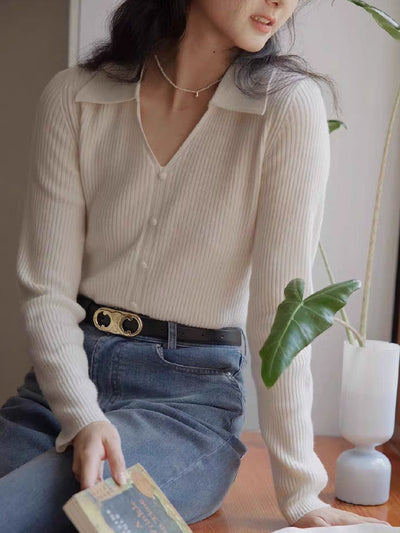 Zoey Retro V-Neck Solid Color Knitted Top