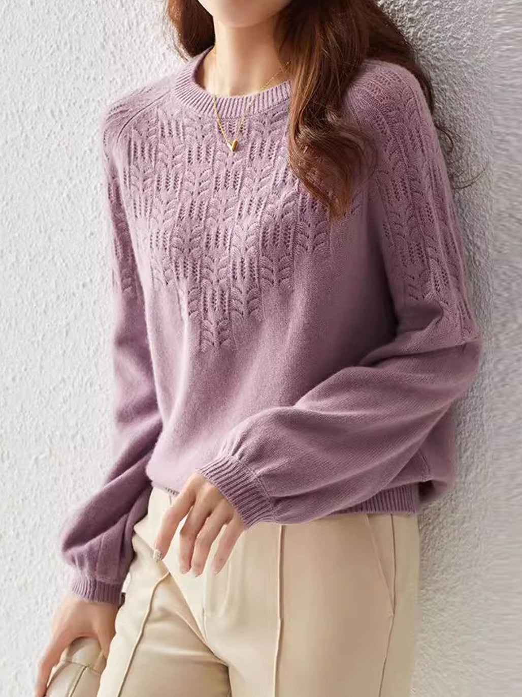 Lauren Elegant Crew Neck Lantern Sleeve Hollowed Top