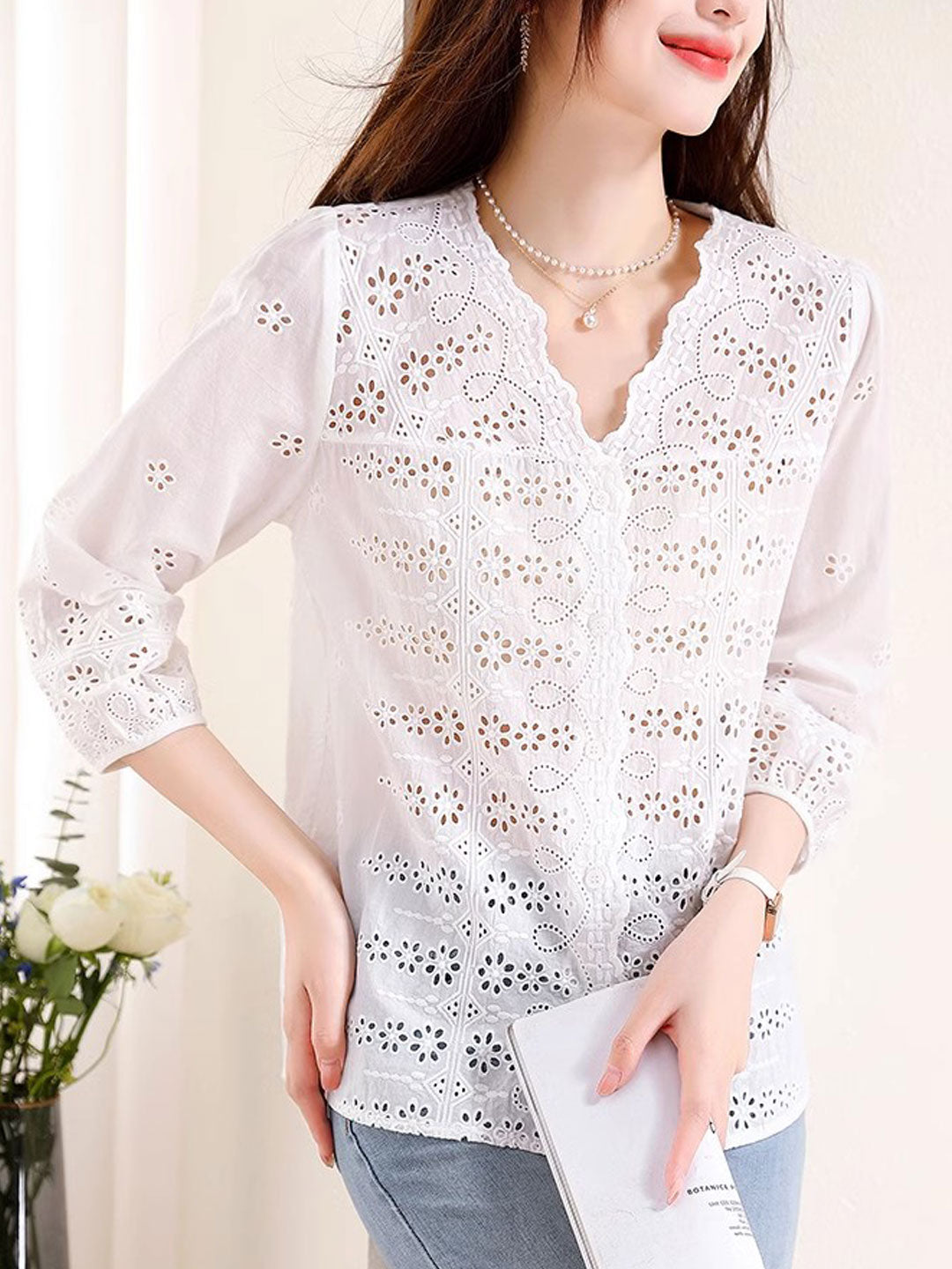 Kayla Retro V-Neck Embroidered Hollowed Top