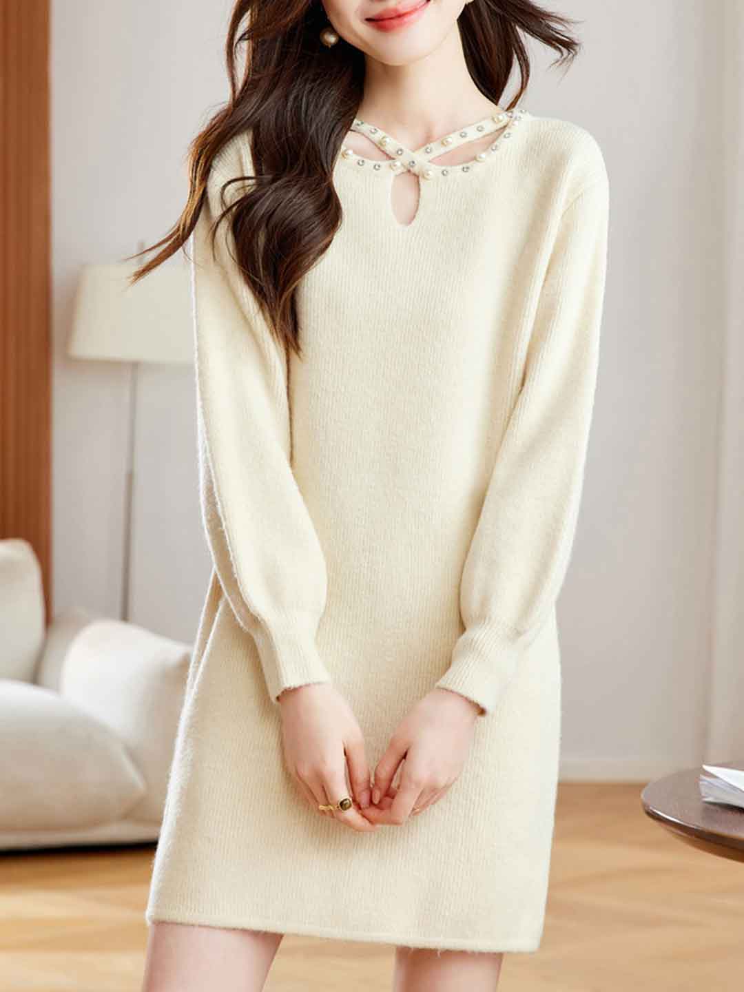 Hannah Elegant Crew Neck Beaded Knitted Sweater Dress