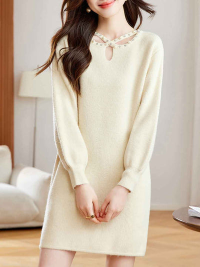 Hannah Elegant Crew Neck Beaded Knitted Sweater Dress