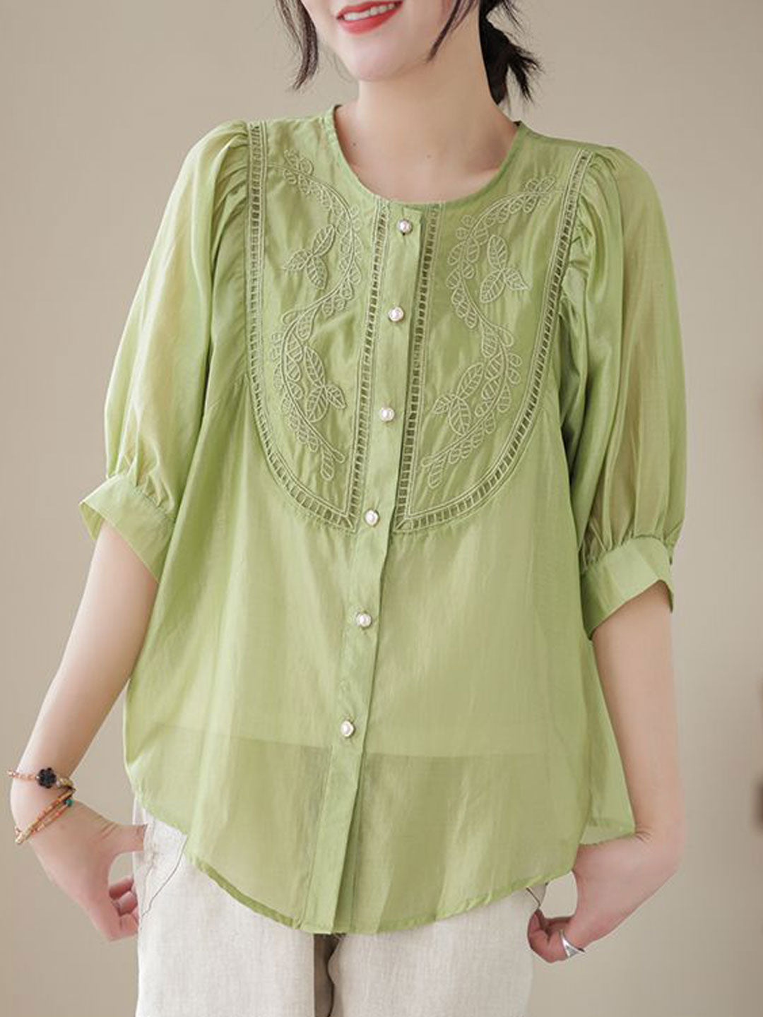 Bailey Retro Crew Neck Puff Sleeve Embroidered Top-Green