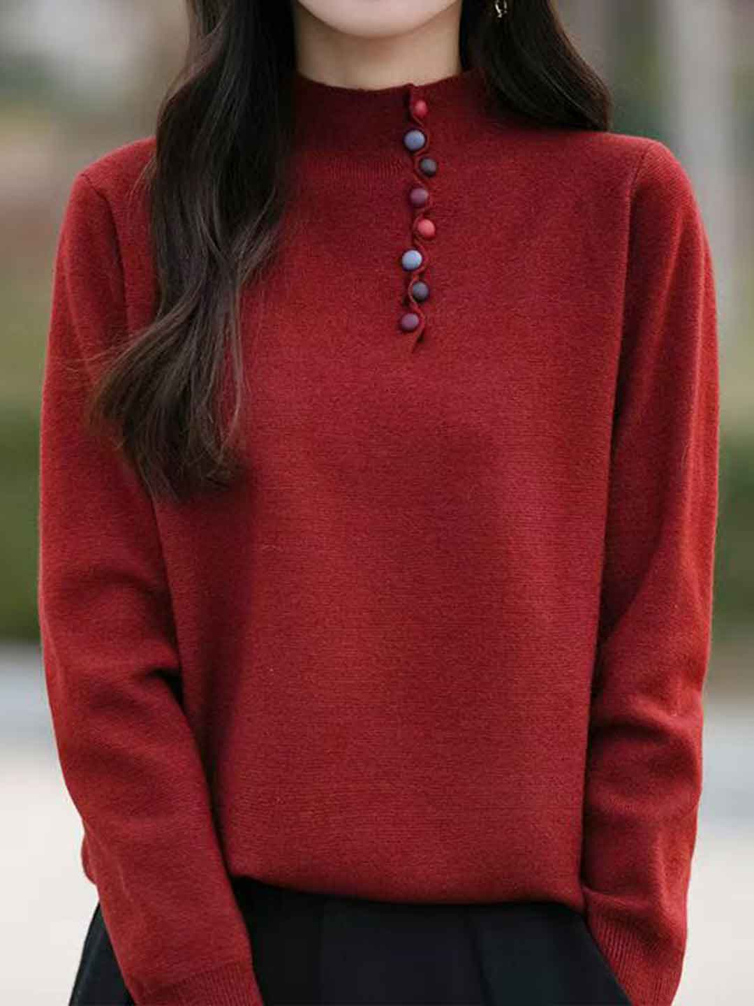 Gianna Loose Turtleneck Colorful Buttoned Knitted Top