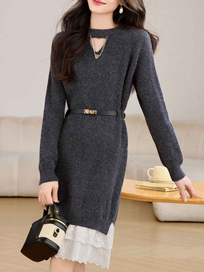 Kaylee Daily Crew Neck Patchwork Lace Knitted Dress