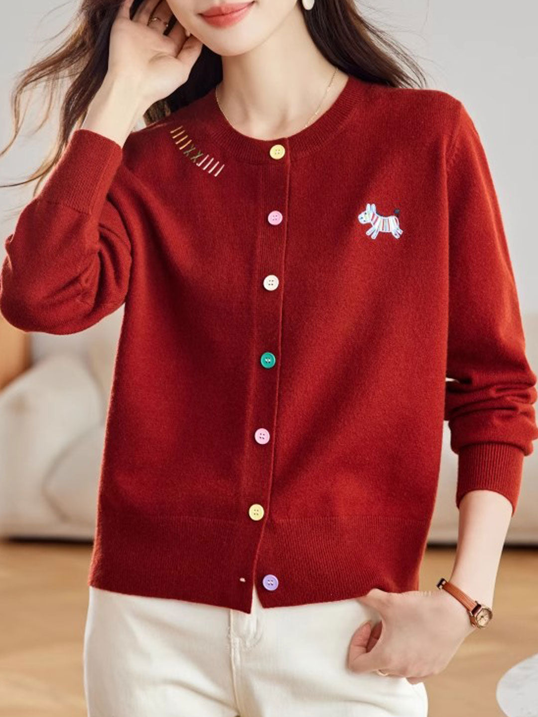 Camila Loose Embroidered Colorful Buttons Knitted Cardigan