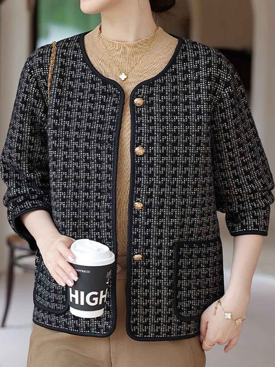 Hannah Elegant Crew Neck Tweed Coat