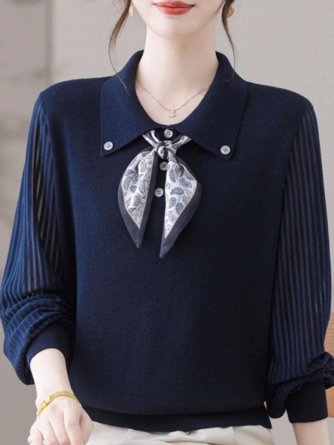 Jasmine Classic Lapel Scarf Pullover Knitted Top