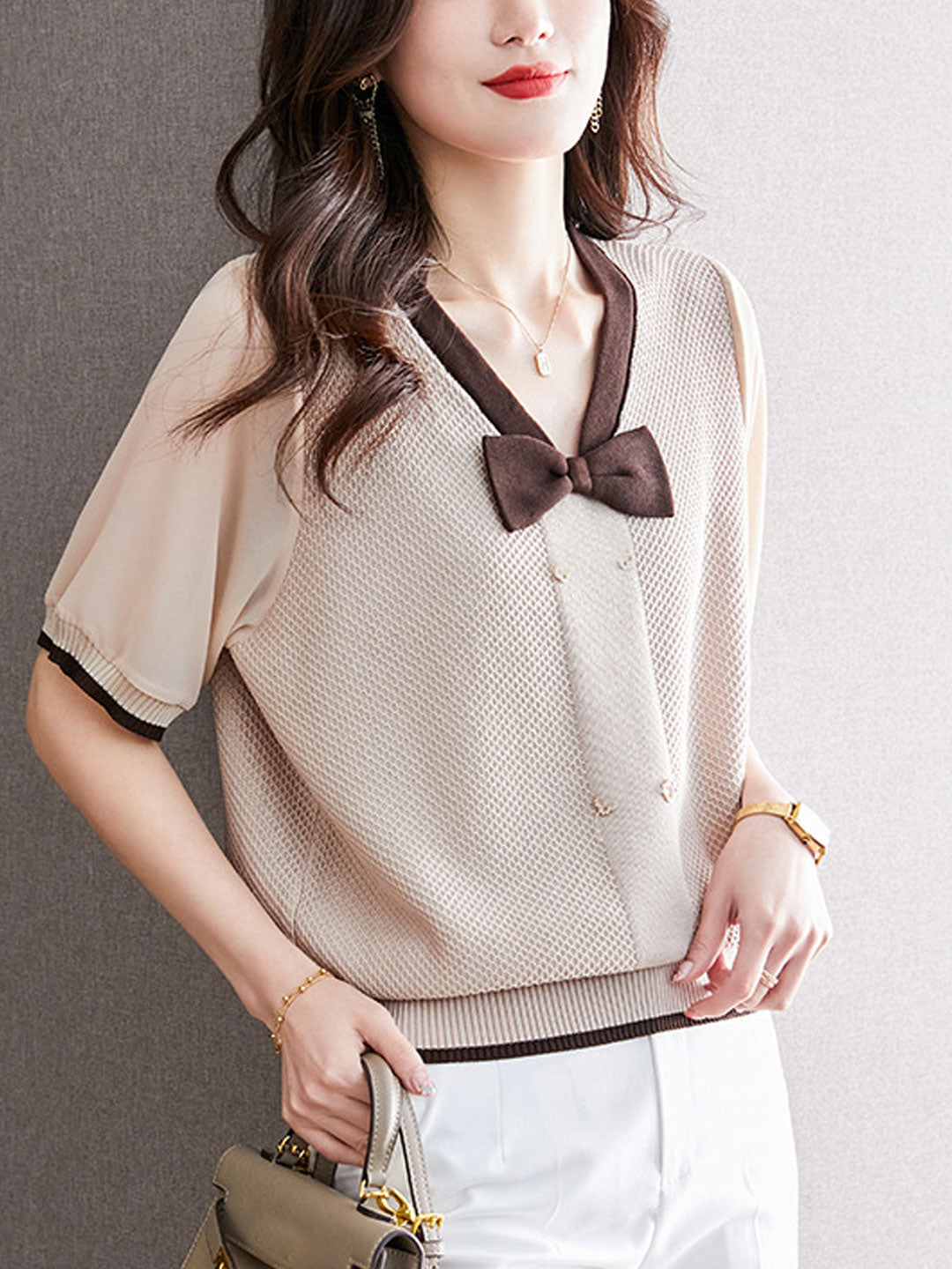 Brianna Loose V-neck Bow Knitted Top-Coffee