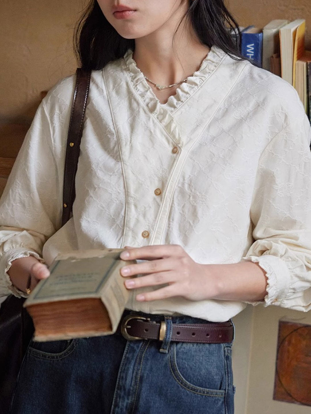 Madison Vintage V-Neck Ruffle Plaid Shirt