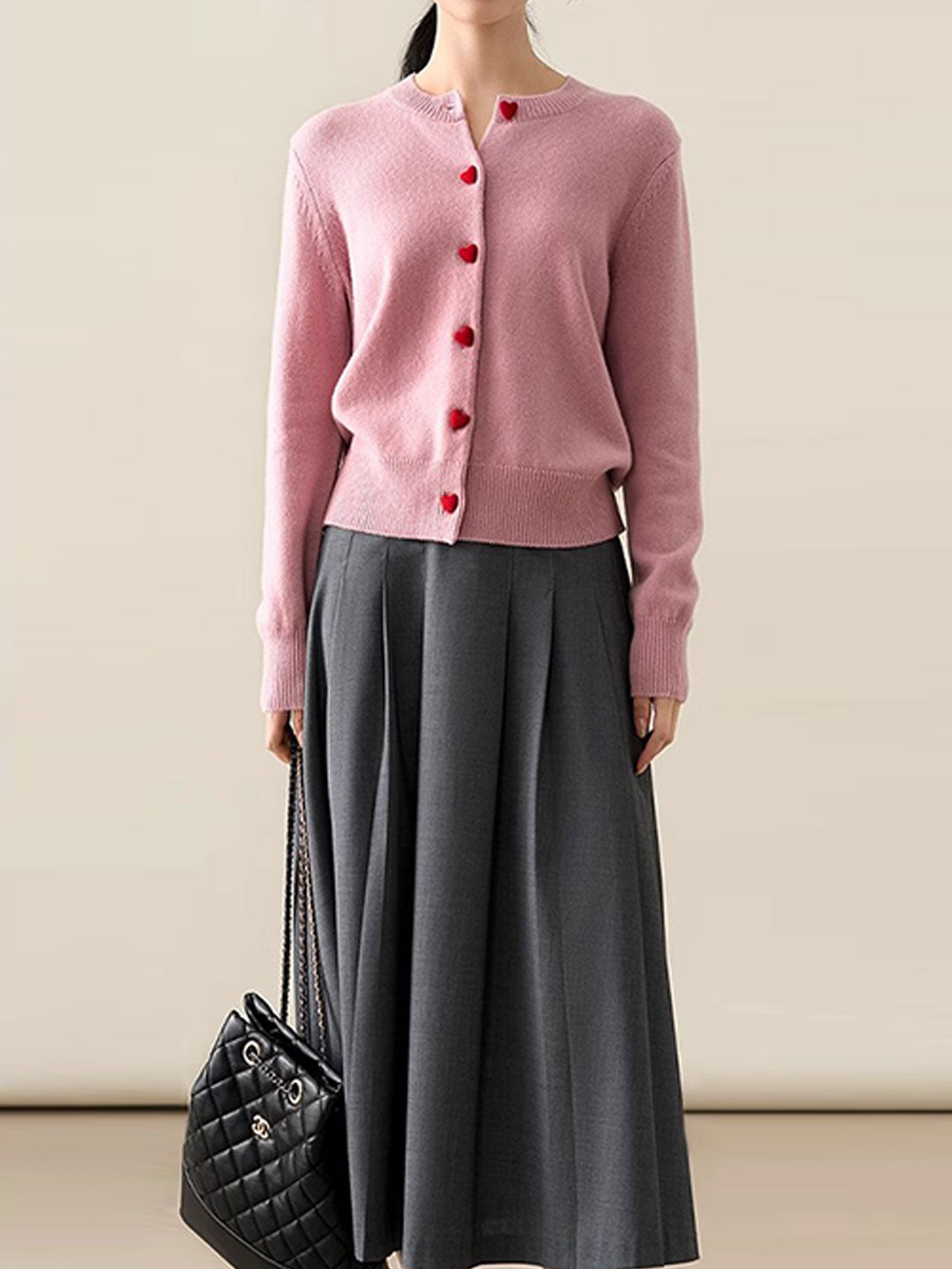 Raya Elegant Crew Neck Heart Button Knitted Cardigan-Pink