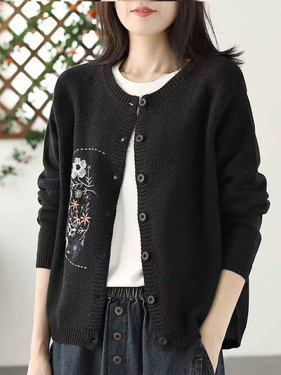 Anna Classic Crew Neck Embroidered Knitted Cardigan