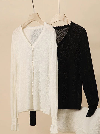 Anna Retro V-Neck Auricular Lace Jacquard Knitted Top