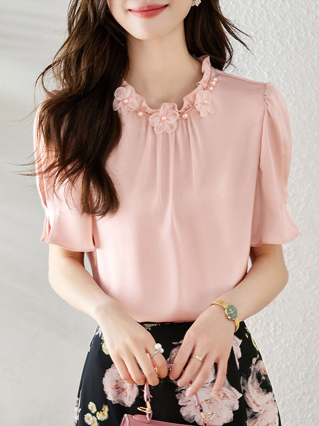 Sarah Elegant Auricular Satin Ruffled Chiffon Top