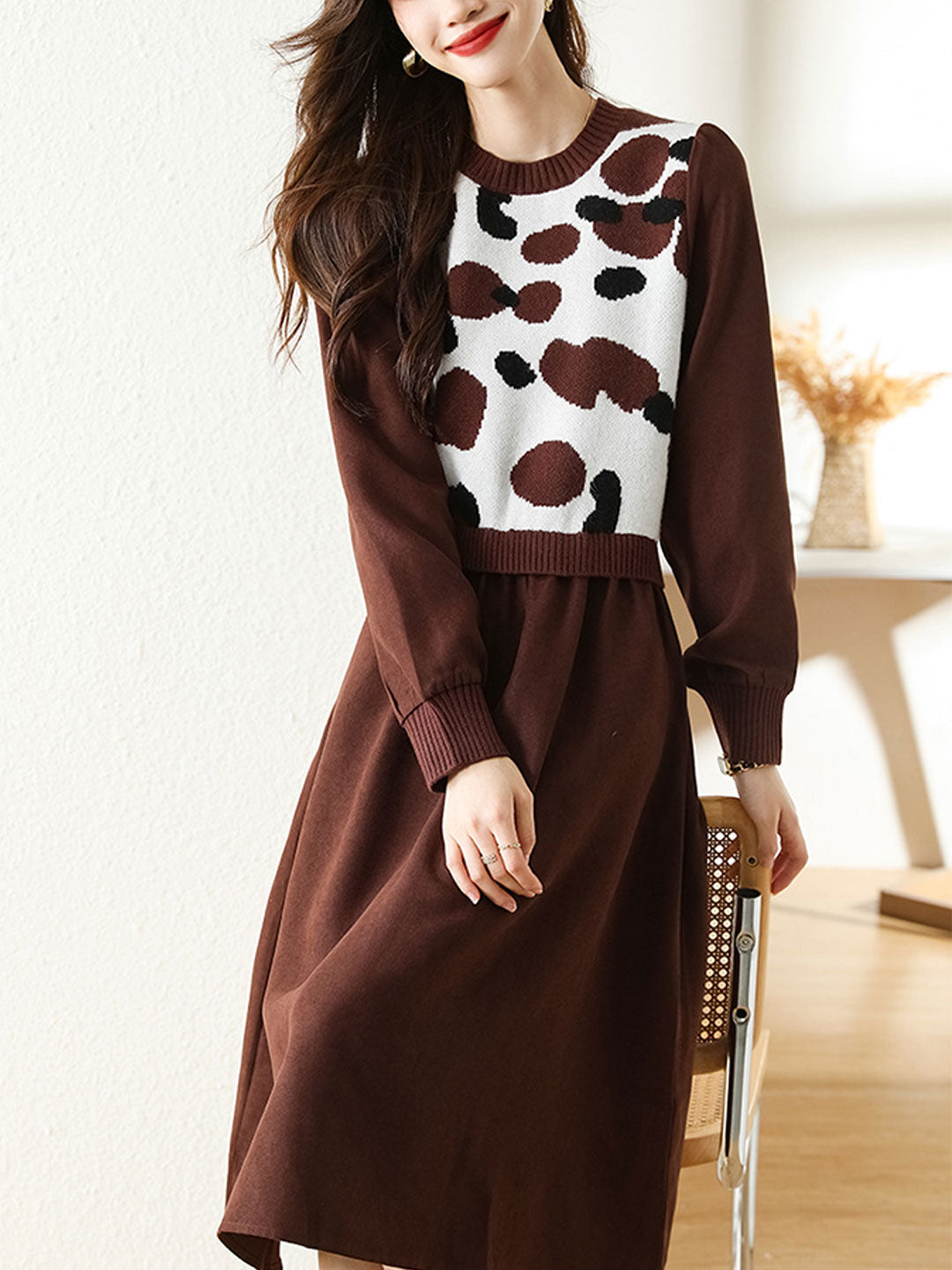 Olivia Classic Waist Puff Sleeve Patchwork Sweater Dress Set