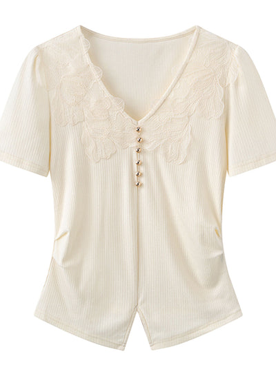 Trinity Vintage V-Neck Mesh Stitching Top