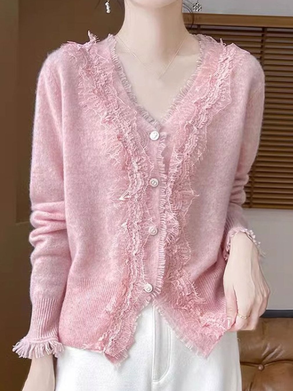 Emma Elegant V-Neck Lace Knitted Cardigan