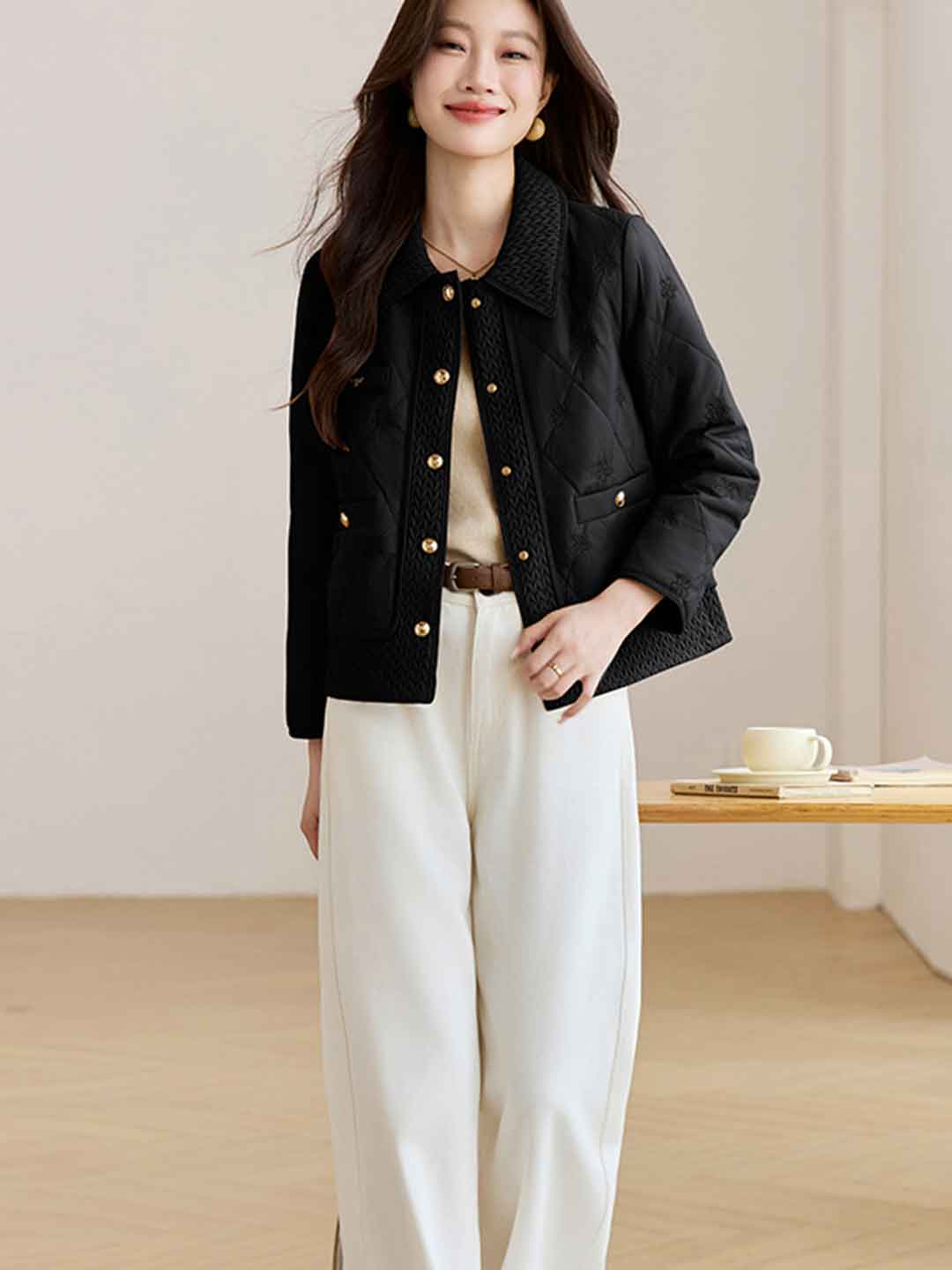 Emily Daily Lapel Floral Embroidered Winter Coat