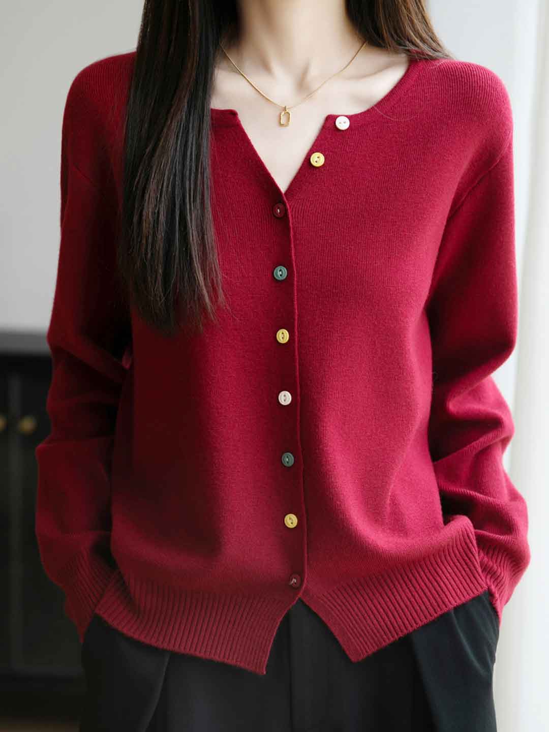 Andrea Classic Crew Neck Colorful Buttons Solid Color Knitted Cardigan