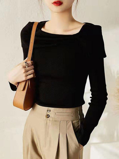 Brianna Off-Neck Bow Knitted Sweater-Blue