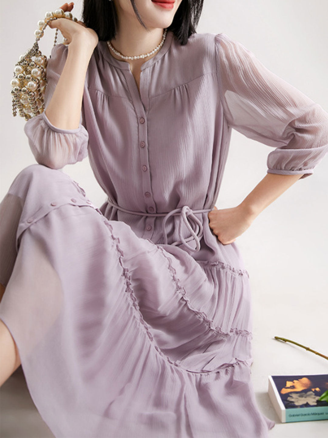 Sophie Elegant Pleated Tie Dress-Purple