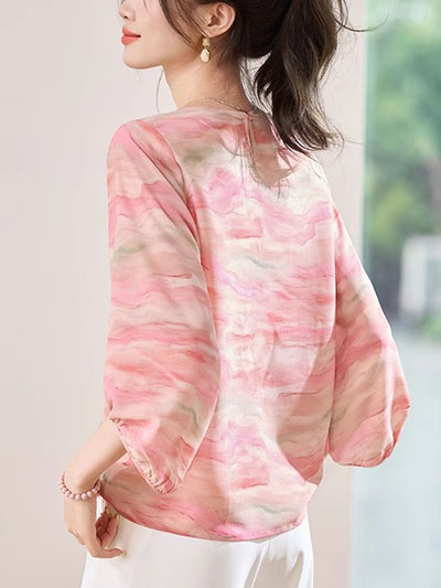 Rachel Loose Crew Neck Lantern Sleeve Chiffon Top