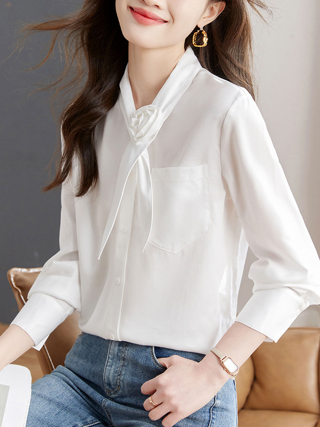 Kayla Elegant Solid Color Tie Shirt