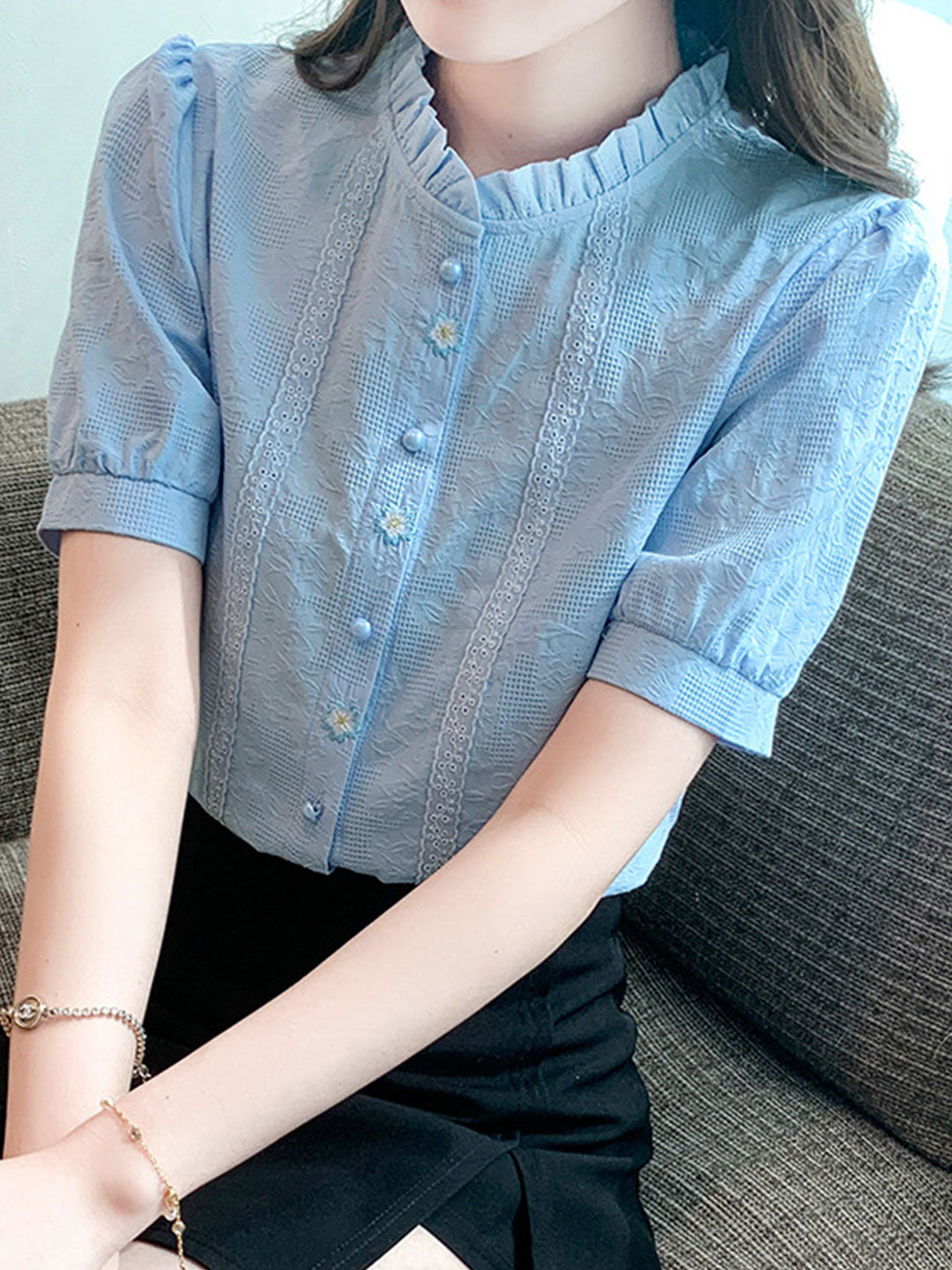 Lauren Retro Embroidered Jacquard Shirt-Blue