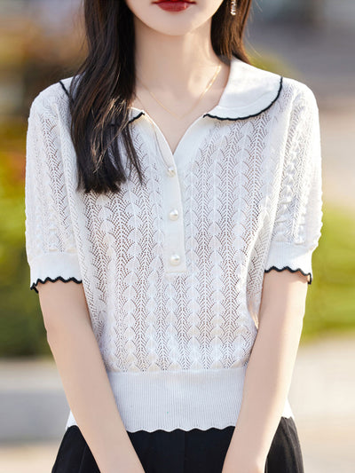 Ava Loose Polo Hollowed Knitted Top