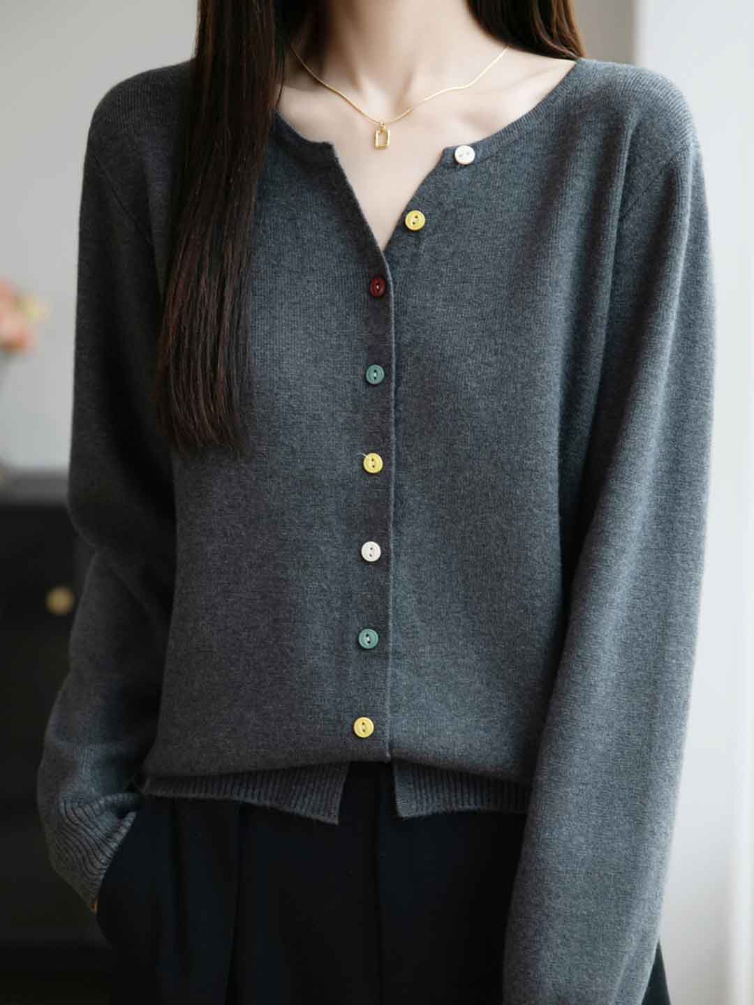 Andrea Classic Crew Neck Colorful Buttons Solid Color Knitted Cardigan