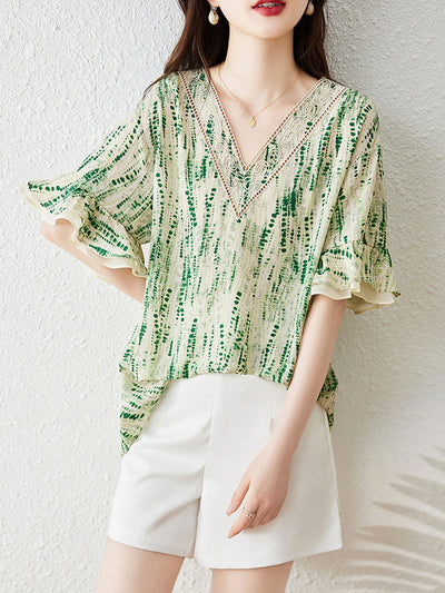 Taylor Loose V-Neck Ruffle Sleeve Printed Chiffon Top