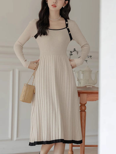 Natalie Contrasting Color Pleated Knitted Sweater Dress