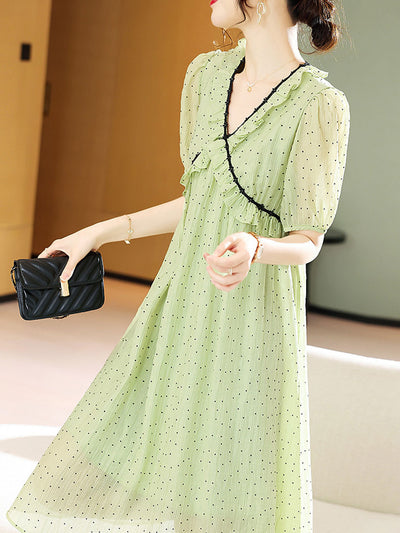 Olivia Retro Chiffon Polka-Dot Dress-Green