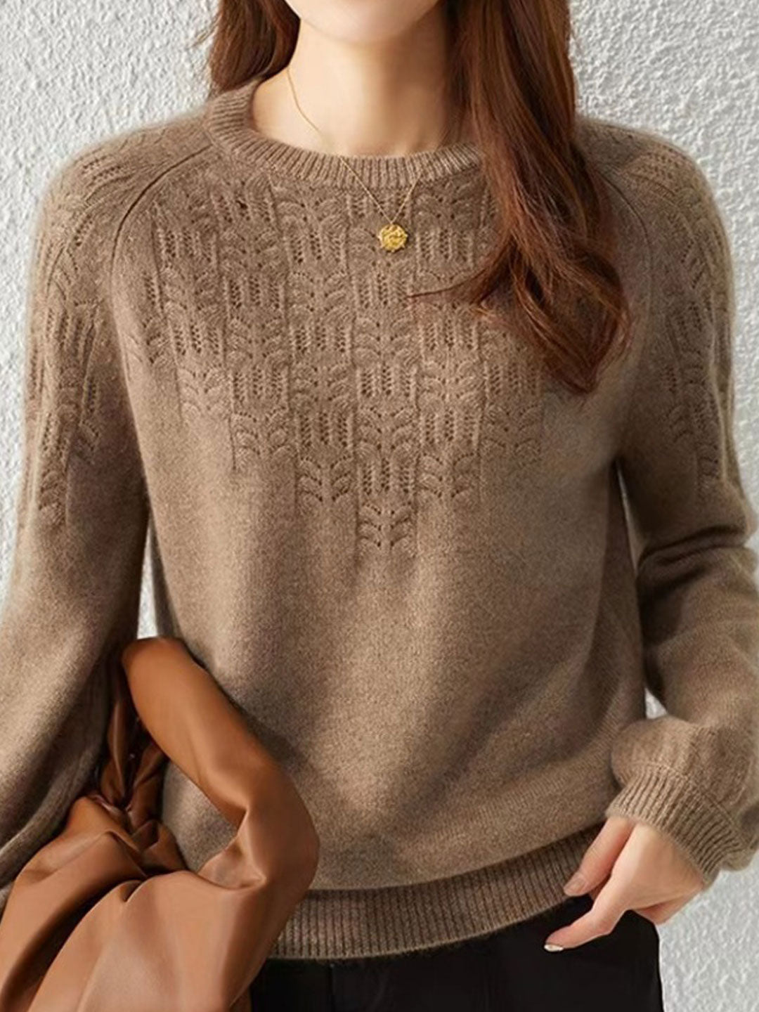 Lauren Elegant Crew Neck Lantern Sleeve Hollowed Top