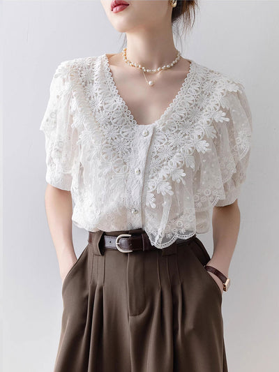 Kaylee Vintage V-Neck Solid Color Lace Blouse