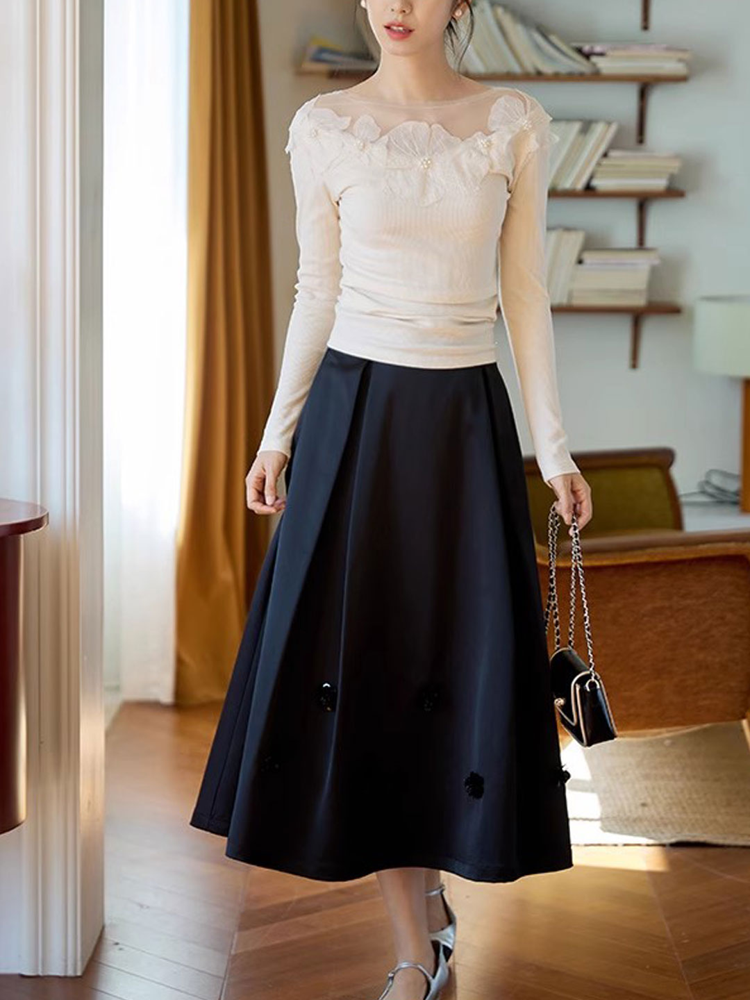 Aubrey Slim Crew Neck Mesh Panelled Top