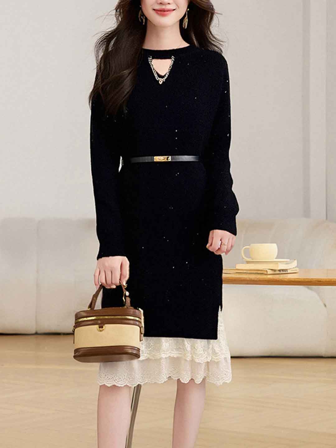 Kaylee Daily Crew Neck Patchwork Lace Knitted Dress
