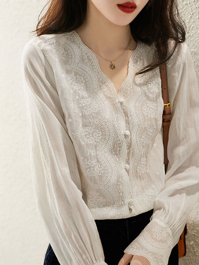 Abigail Vacation V-Neck Solid Color Embroidered Top