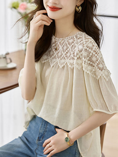 Sophie Loose Chiffon Lace Blouse-Khaki