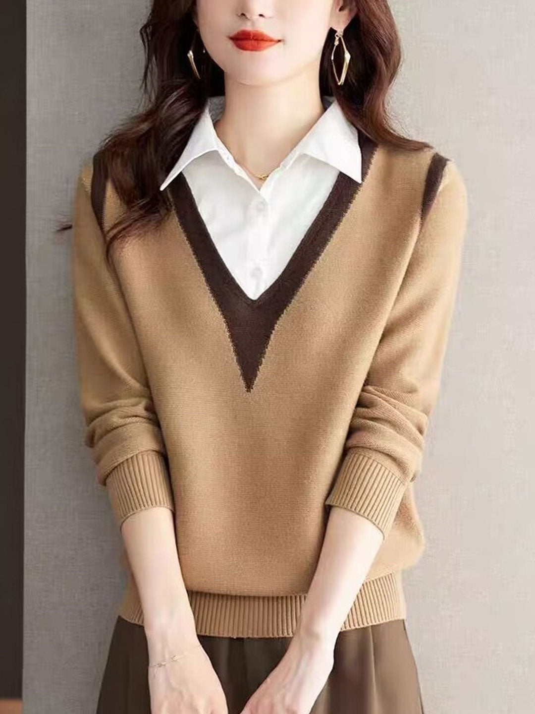 Ava Casual Contrast Color Shirt Collar Knitted Sweater