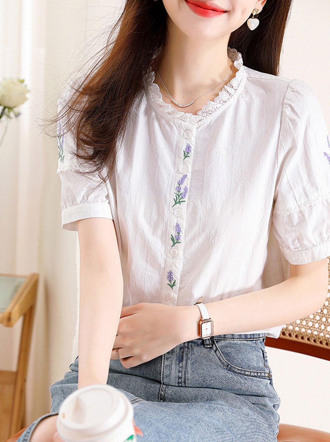 Maria Retro Embroidered  Lace Puff Sleeve Shirt-White