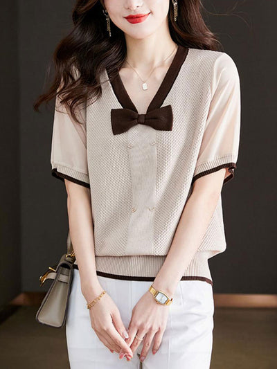 Brianna Loose V-neck Bow Knitted Top-Coffee