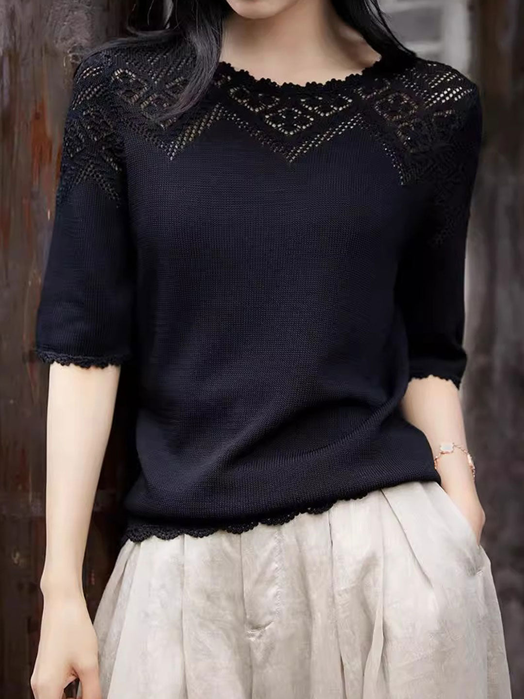 Ella Daily Crew Neck Hollowed Crochet Top